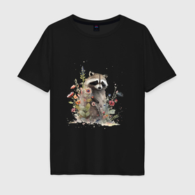 Мужская футболка хлопок Oversize с принтом Акварельный милый енот в Кировске, 100% хлопок | свободный крой, круглый ворот, “спинка” длиннее передней части | 