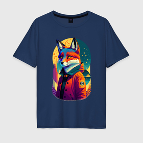 Мужская футболка хлопок Oversize с принтом Лисица на фоне звёздного неба   нейросеть в Тюмени, 100% хлопок | свободный крой, круглый ворот, “спинка” длиннее передней части | Тематика изображения на принте: 