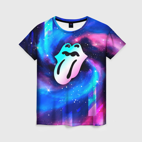 Женская футболка 3D с принтом Rolling Stones неоновый космос в Санкт-Петербурге, 100% полиэфир ( синтетическое хлопкоподобное полотно) | прямой крой, круглый вырез горловины, длина до линии бедер | 