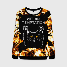 Мужской свитшот 3D с принтом Within Temptation рок кот и огонь в Тюмени, 100% полиэстер с мягким внутренним слоем | круглый вырез горловины, мягкая резинка на манжетах и поясе, свободная посадка по фигуре | 