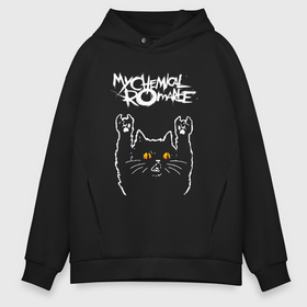 Мужское худи Oversize хлопок с принтом My Chemical Romance rock cat в Тюмени, френч-терри — 70% хлопок, 30% полиэстер. Мягкий теплый начес внутри —100% хлопок | боковые карманы, эластичные манжеты и нижняя кромка, капюшон на магнитной кнопке | 