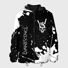 Мужская куртка 3D с принтом Evanescence и рок символ на темном фоне в Курске, ткань верха — 100% полиэстер, подклад — флис | прямой крой, подол и капюшон оформлены резинкой с фиксаторами, два кармана без застежек по бокам, один большой потайной карман на груди. Карман на груди застегивается на липучку | 