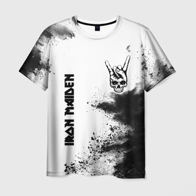 Мужская футболка 3D с принтом Iron Maiden и рок символ на светлом фоне в Тюмени, 100% полиэфир | прямой крой, круглый вырез горловины, длина до линии бедер | 