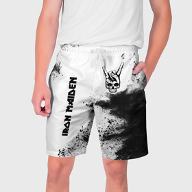 Мужские шорты 3D с принтом Iron Maiden и рок символ на светлом фоне ,  полиэстер 100% | прямой крой, два кармана без застежек по бокам. Мягкая трикотажная резинка на поясе, внутри которой широкие завязки. Длина чуть выше колен | 