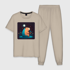 Мужская пижама хлопок с принтом Капибара сидит и мечтает под луной , 100% хлопок | брюки и футболка прямого кроя, без карманов, на брюках мягкая резинка на поясе и по низу штанин
 | 