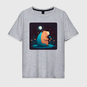 Мужская футболка хлопок Oversize с принтом Капибара сидит и мечтает под луной , 100% хлопок | свободный крой, круглый ворот, “спинка” длиннее передней части | 