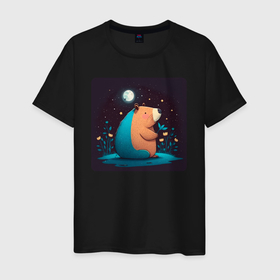 Мужская футболка хлопок с принтом Капибара сидит и мечтает под луной , 100% хлопок | прямой крой, круглый вырез горловины, длина до линии бедер, слегка спущенное плечо. | 