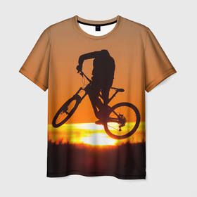 Мужская футболка 3D с принтом Велосипедист на закате в Курске, 100% полиэфир | прямой крой, круглый вырез горловины, длина до линии бедер | Тематика изображения на принте: 