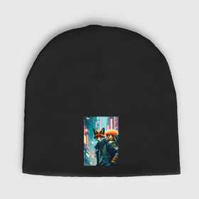 Мужская шапка демисезонная с принтом Лисица в большом городе   киберпанк в Курске,  |  | Тематика изображения на принте: 