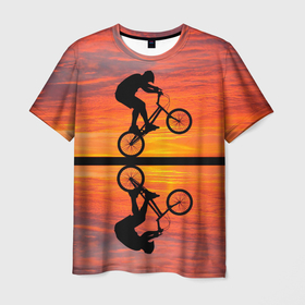Мужская футболка 3D с принтом Велосипедист в отражении в Петрозаводске, 100% полиэфир | прямой крой, круглый вырез горловины, длина до линии бедер | 