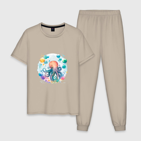 Мужская пижама хлопок с принтом Милый осьминог в Тюмени, 100% хлопок | брюки и футболка прямого кроя, без карманов, на брюках мягкая резинка на поясе и по низу штанин
 | Тематика изображения на принте: 