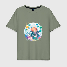 Мужская футболка хлопок Oversize с принтом Милый осьминог в Тюмени, 100% хлопок | свободный крой, круглый ворот, “спинка” длиннее передней части | Тематика изображения на принте: 