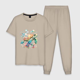 Мужская пижама хлопок с принтом морская черепаха в пузырях в Кировске, 100% хлопок | брюки и футболка прямого кроя, без карманов, на брюках мягкая резинка на поясе и по низу штанин
 | 