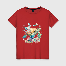 Женская футболка хлопок с принтом морская черепаха в пузырях , 100% хлопок | прямой крой, круглый вырез горловины, длина до линии бедер, слегка спущенное плечо | 