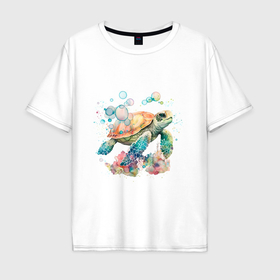 Мужская футболка хлопок Oversize с принтом морская черепаха в пузырях в Санкт-Петербурге, 100% хлопок | свободный крой, круглый ворот, “спинка” длиннее передней части | 