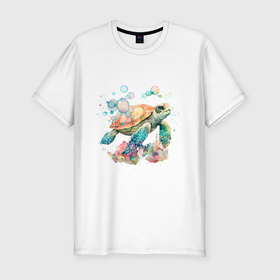 Мужская футболка хлопок Slim с принтом морская черепаха в пузырях в Петрозаводске, 92% хлопок, 8% лайкра | приталенный силуэт, круглый вырез ворота, длина до линии бедра, короткий рукав | Тематика изображения на принте: 