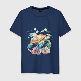 Мужская футболка хлопок с принтом морская черепаха в пузырях в Екатеринбурге, 100% хлопок | прямой крой, круглый вырез горловины, длина до линии бедер, слегка спущенное плечо. | 