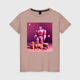 Женская футболка хлопок с принтом Pink robot and macarons в Кировске, 100% хлопок | прямой крой, круглый вырез горловины, длина до линии бедер, слегка спущенное плечо | 