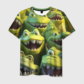 Мужская футболка 3D с принтом много крокодилов в Белгороде, 100% полиэфир | прямой крой, круглый вырез горловины, длина до линии бедер | 
