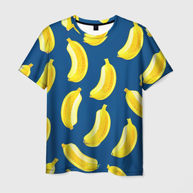 Мужская футболка 3D с принтом Бананы на синем фоне в Тюмени, 100% полиэфир | прямой крой, круглый вырез горловины, длина до линии бедер | Тематика изображения на принте: 