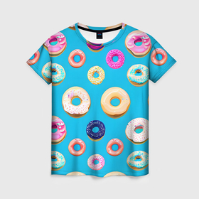 Женская футболка 3D с принтом Пончики с глазурью и посыпкой в Белгороде, 100% полиэфир ( синтетическое хлопкоподобное полотно) | прямой крой, круглый вырез горловины, длина до линии бедер | 