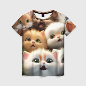 Женская футболка 3D с принтом много пушистых котят в Новосибирске, 100% полиэфир ( синтетическое хлопкоподобное полотно) | прямой крой, круглый вырез горловины, длина до линии бедер | 