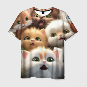 Мужская футболка 3D с принтом много пушистых котят в Петрозаводске, 100% полиэфир | прямой крой, круглый вырез горловины, длина до линии бедер | Тематика изображения на принте: 