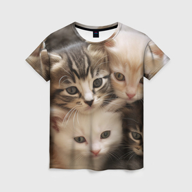 Женская футболка 3D с принтом милые пушистые котята в Курске, 100% полиэфир ( синтетическое хлопкоподобное полотно) | прямой крой, круглый вырез горловины, длина до линии бедер | 