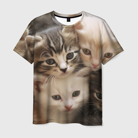 Мужская футболка 3D с принтом милые пушистые котята в Курске, 100% полиэфир | прямой крой, круглый вырез горловины, длина до линии бедер | 