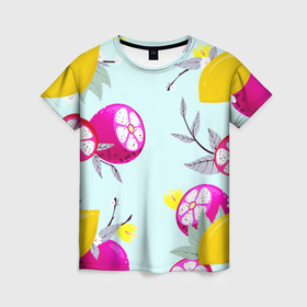 Женская футболка 3D с принтом Желтые и розовые фрукты с листиками в Тюмени, 100% полиэфир ( синтетическое хлопкоподобное полотно) | прямой крой, круглый вырез горловины, длина до линии бедер | 