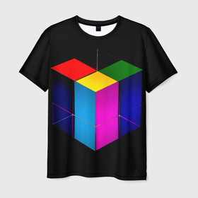 Мужская футболка 3D с принтом Многосторонний цветной куб в Белгороде, 100% полиэфир | прямой крой, круглый вырез горловины, длина до линии бедер | 