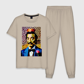 Мужская пижама хлопок с принтом Леопард Сальвадор Дали   нейросеть в Санкт-Петербурге, 100% хлопок | брюки и футболка прямого кроя, без карманов, на брюках мягкая резинка на поясе и по низу штанин
 | 