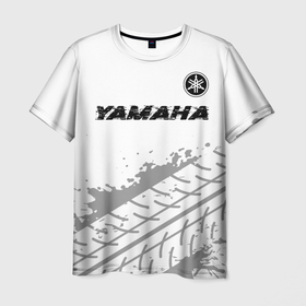 Мужская футболка 3D с принтом Yamaha speed на светлом фоне со следами шин: символ сверху в Тюмени, 100% полиэфир | прямой крой, круглый вырез горловины, длина до линии бедер | 