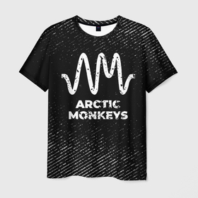 Мужская футболка 3D с принтом Arctic Monkeys с потертостями на темном фоне в Петрозаводске, 100% полиэфир | прямой крой, круглый вырез горловины, длина до линии бедер | 