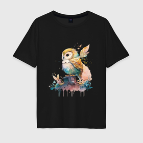 Мужская футболка хлопок Oversize с принтом Акварельная милая сова в Курске, 100% хлопок | свободный крой, круглый ворот, “спинка” длиннее передней части | 