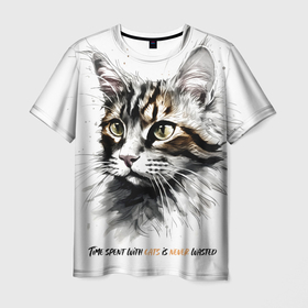 Мужская футболка 3D с принтом Время с кошкой никогда не потрачено зря в Санкт-Петербурге, 100% полиэфир | прямой крой, круглый вырез горловины, длина до линии бедер | Тематика изображения на принте: 