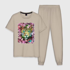 Мужская пижама хлопок с принтом Леопард и цветы в Санкт-Петербурге, 100% хлопок | брюки и футболка прямого кроя, без карманов, на брюках мягкая резинка на поясе и по низу штанин
 | 
