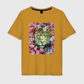 Мужская футболка хлопок Oversize с принтом Леопард и цветы в Екатеринбурге, 100% хлопок | свободный крой, круглый ворот, “спинка” длиннее передней части | 