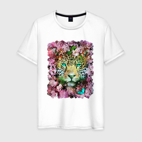 Мужская футболка хлопок с принтом Леопард и цветы , 100% хлопок | прямой крой, круглый вырез горловины, длина до линии бедер, слегка спущенное плечо. | Тематика изображения на принте: 