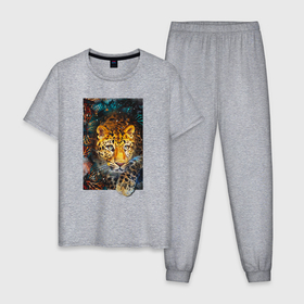 Мужская пижама хлопок с принтом Леопард и растения в Санкт-Петербурге, 100% хлопок | брюки и футболка прямого кроя, без карманов, на брюках мягкая резинка на поясе и по низу штанин
 | 