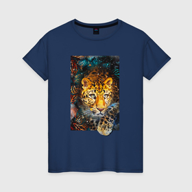 Женская футболка хлопок с принтом Леопард и растения в Рязани, 100% хлопок | прямой крой, круглый вырез горловины, длина до линии бедер, слегка спущенное плечо | 