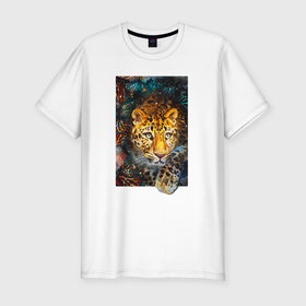 Мужская футболка хлопок Slim с принтом Леопард и растения в Тюмени, 92% хлопок, 8% лайкра | приталенный силуэт, круглый вырез ворота, длина до линии бедра, короткий рукав | 
