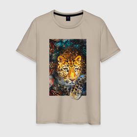 Мужская футболка хлопок с принтом Леопард и растения в Тюмени, 100% хлопок | прямой крой, круглый вырез горловины, длина до линии бедер, слегка спущенное плечо. | 