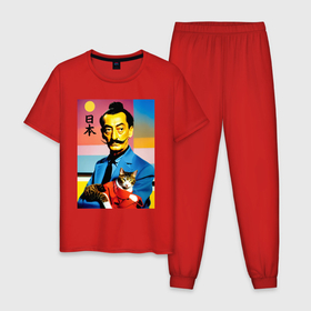 Мужская пижама хлопок с принтом Salvador Dali and cat   Japan style в Кировске, 100% хлопок | брюки и футболка прямого кроя, без карманов, на брюках мягкая резинка на поясе и по низу штанин
 | 