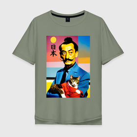 Мужская футболка хлопок Oversize с принтом Salvador Dali and cat   Japan style в Кировске, 100% хлопок | свободный крой, круглый ворот, “спинка” длиннее передней части | 