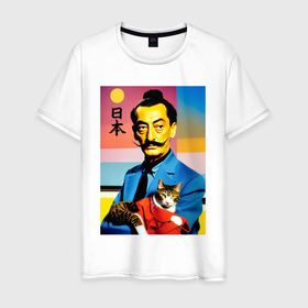 Мужская футболка хлопок с принтом Salvador Dali and cat   Japan style в Кировске, 100% хлопок | прямой крой, круглый вырез горловины, длина до линии бедер, слегка спущенное плечо. | 