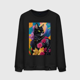 Мужской свитшот хлопок с принтом Fashionable black cat among flowers в Кировске, 100% хлопок |  | Тематика изображения на принте: 