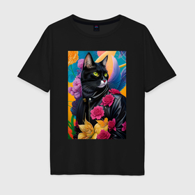 Мужская футболка хлопок Oversize с принтом Fashionable black cat among flowers в Новосибирске, 100% хлопок | свободный крой, круглый ворот, “спинка” длиннее передней части | 