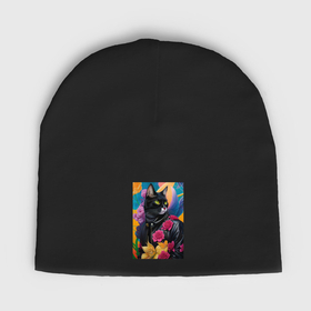 Мужская шапка демисезонная с принтом Fashionable black cat among flowers в Кировске,  |  | Тематика изображения на принте: 