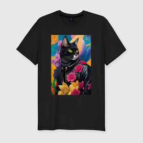Мужская футболка хлопок Slim с принтом Fashionable black cat among flowers в Новосибирске, 92% хлопок, 8% лайкра | приталенный силуэт, круглый вырез ворота, длина до линии бедра, короткий рукав | 
